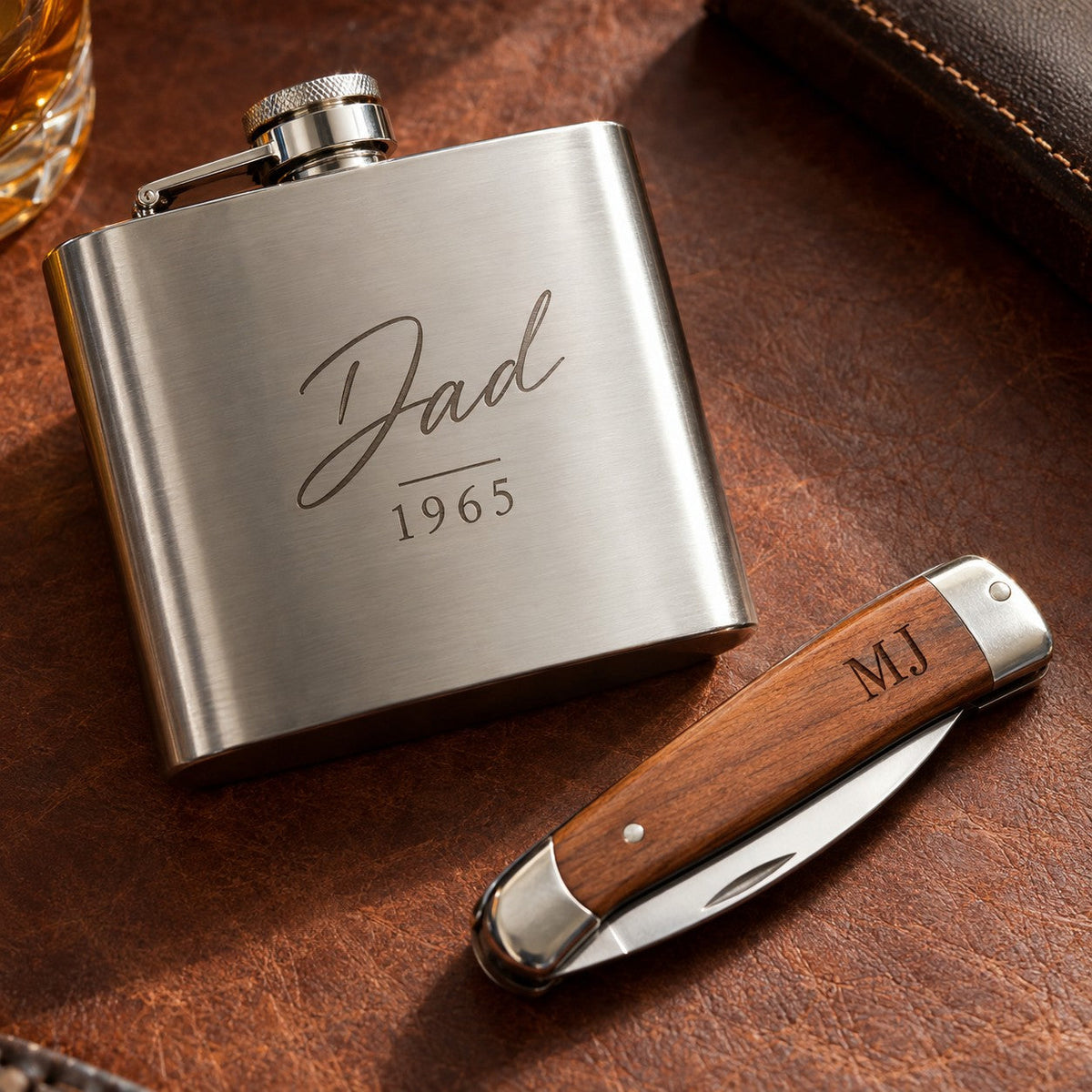 Engraved hip flask and pocket knife, custom engraving service