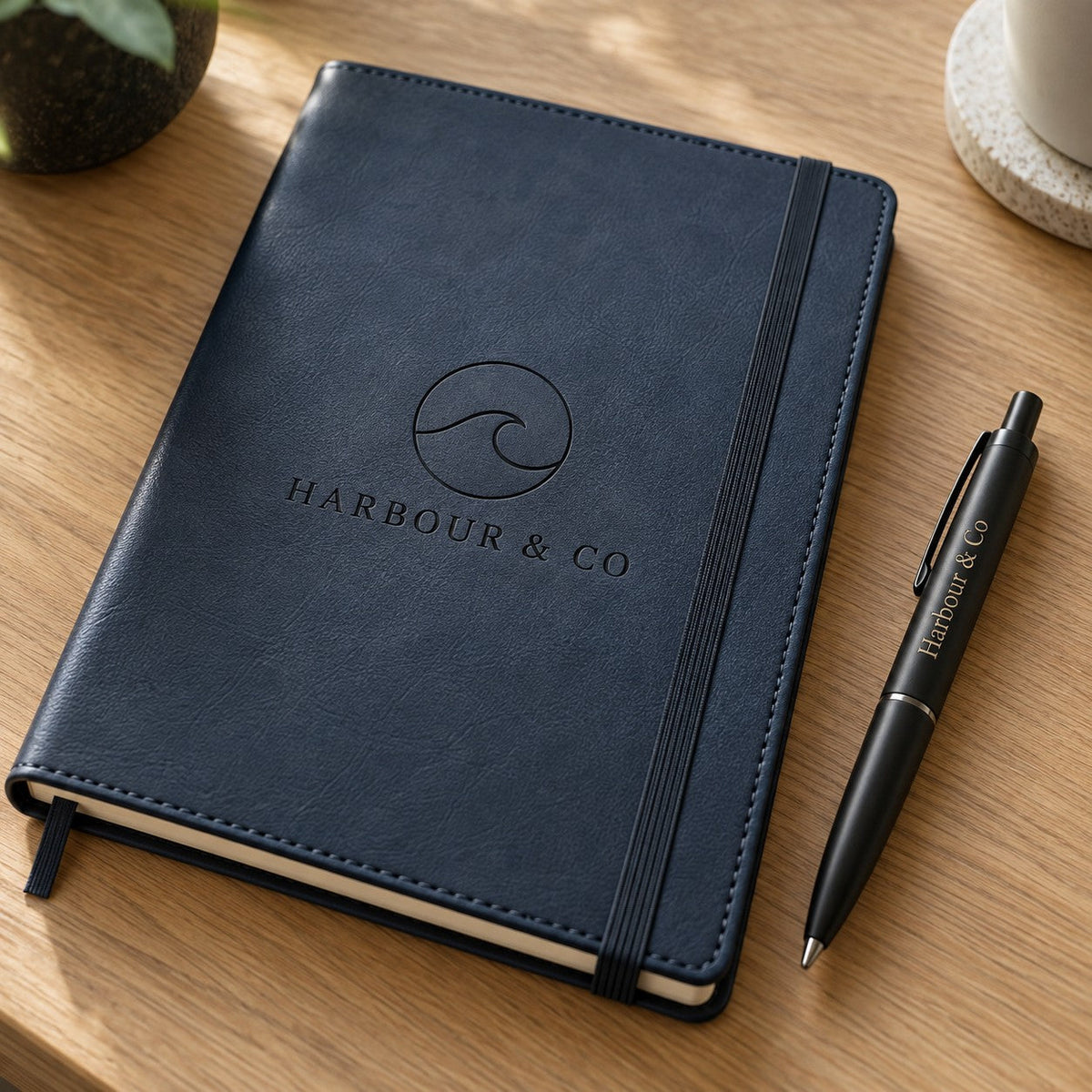 Logo engraved notebook and pen corporate gift