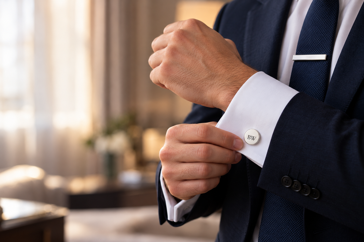 Man fastening an engraved silver cufflink with a tie clip on a navy tie