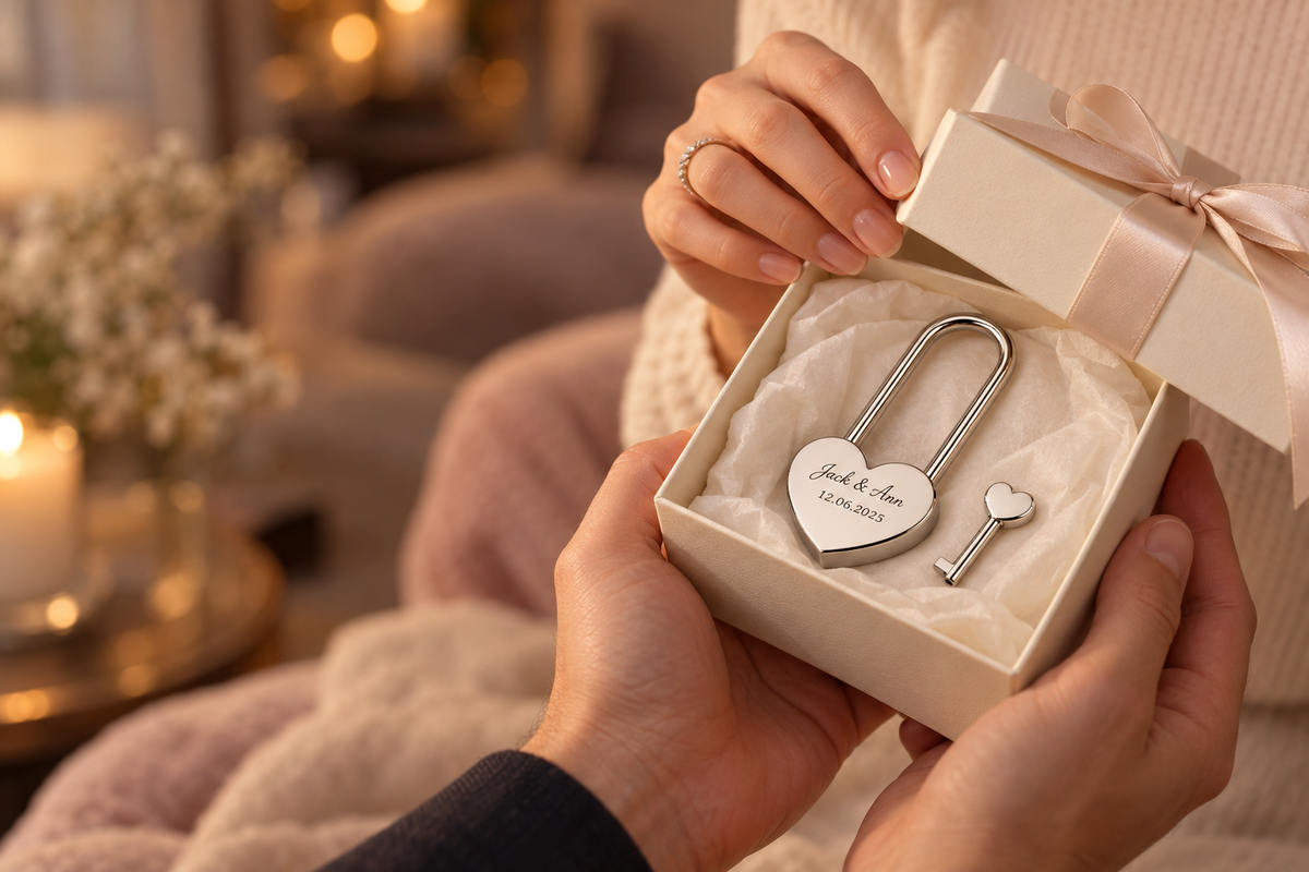 Hands opening an ivory gift box with an engraved silver heart love lock inside