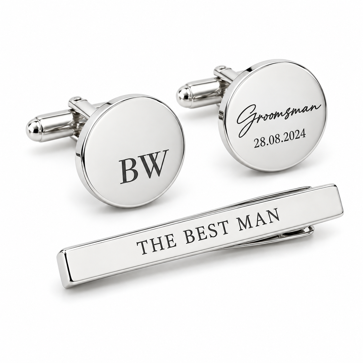 Silver round cufflinks and tie clip engraved with initials, Groomsman and a wedding date