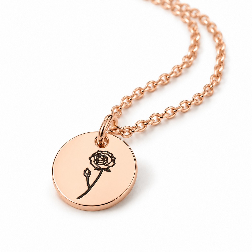 Personalised rose gold birth month flower disc necklace