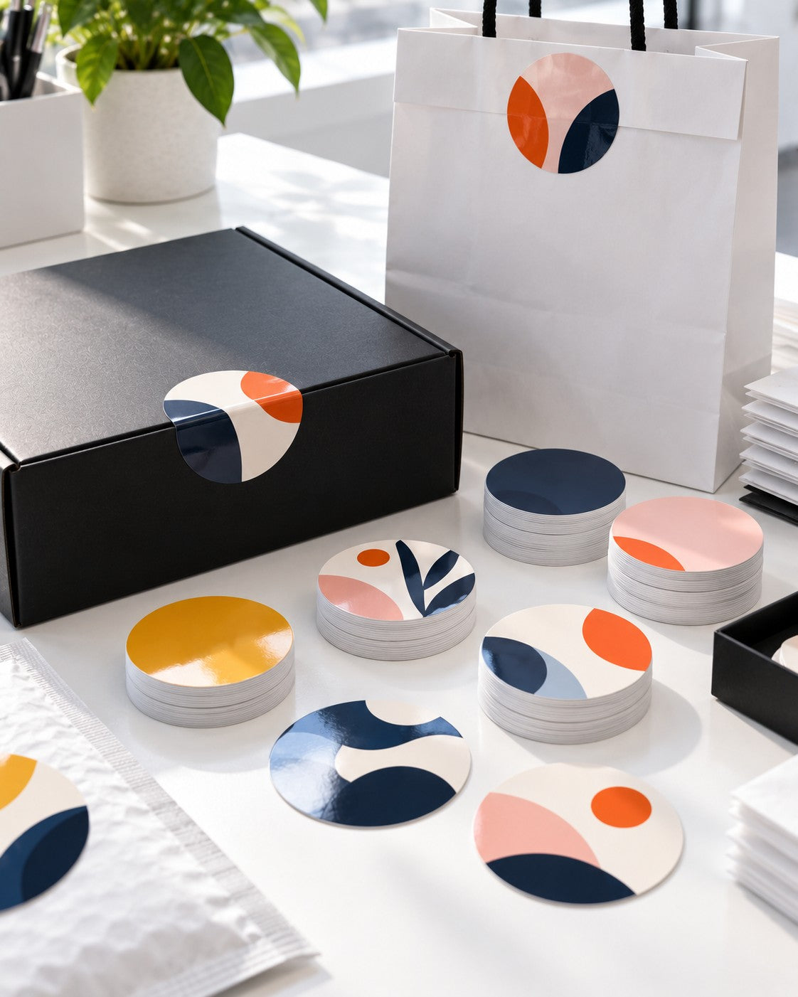 Round printed stickers on packaging