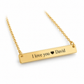 Gold bar necklace engraved I love you with a heart and David