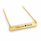 Gold bar necklace engraved I love you with a heart and David