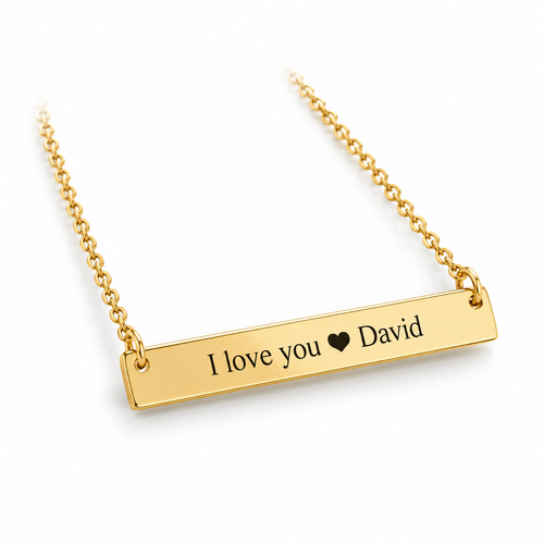 Gold bar necklace engraved I love you with a heart and David