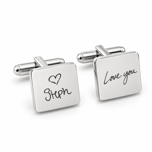 Square silver cufflinks engraved in real handwriting with a heart, Steph and Love you