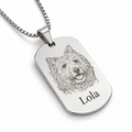 Silver dog tag necklace engraved with a dog portrait and the name Lola