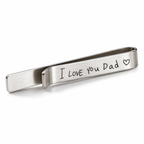 Brushed silver tie bar engraved in handwriting I love you Dad with a heart