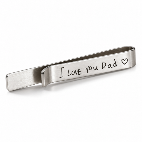 Brushed silver tie bar engraved in handwriting I love you Dad with a heart