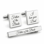 Silver square cufflinks and tie clip set engraved Father of the Bride and I love you Dad
