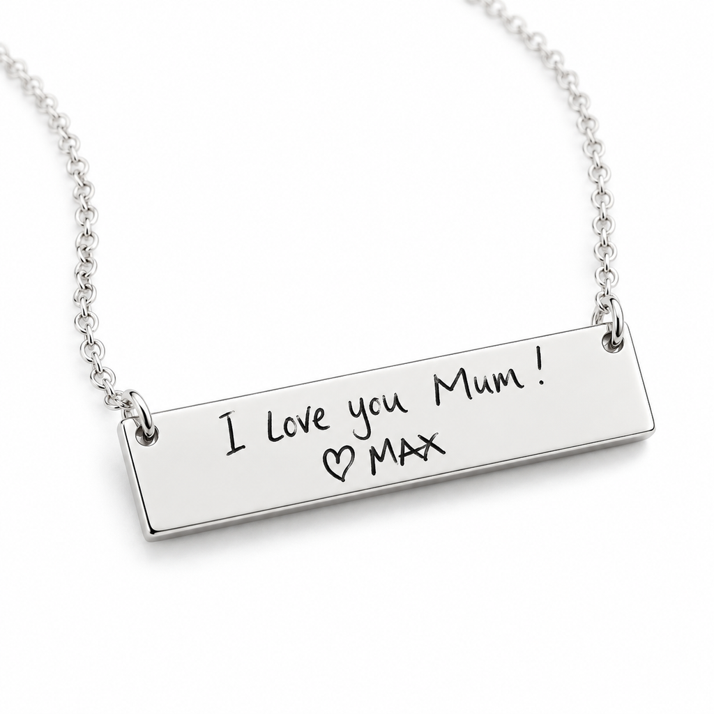 Silver bar necklace engraved in handwriting I love you Mum with a heart and Max