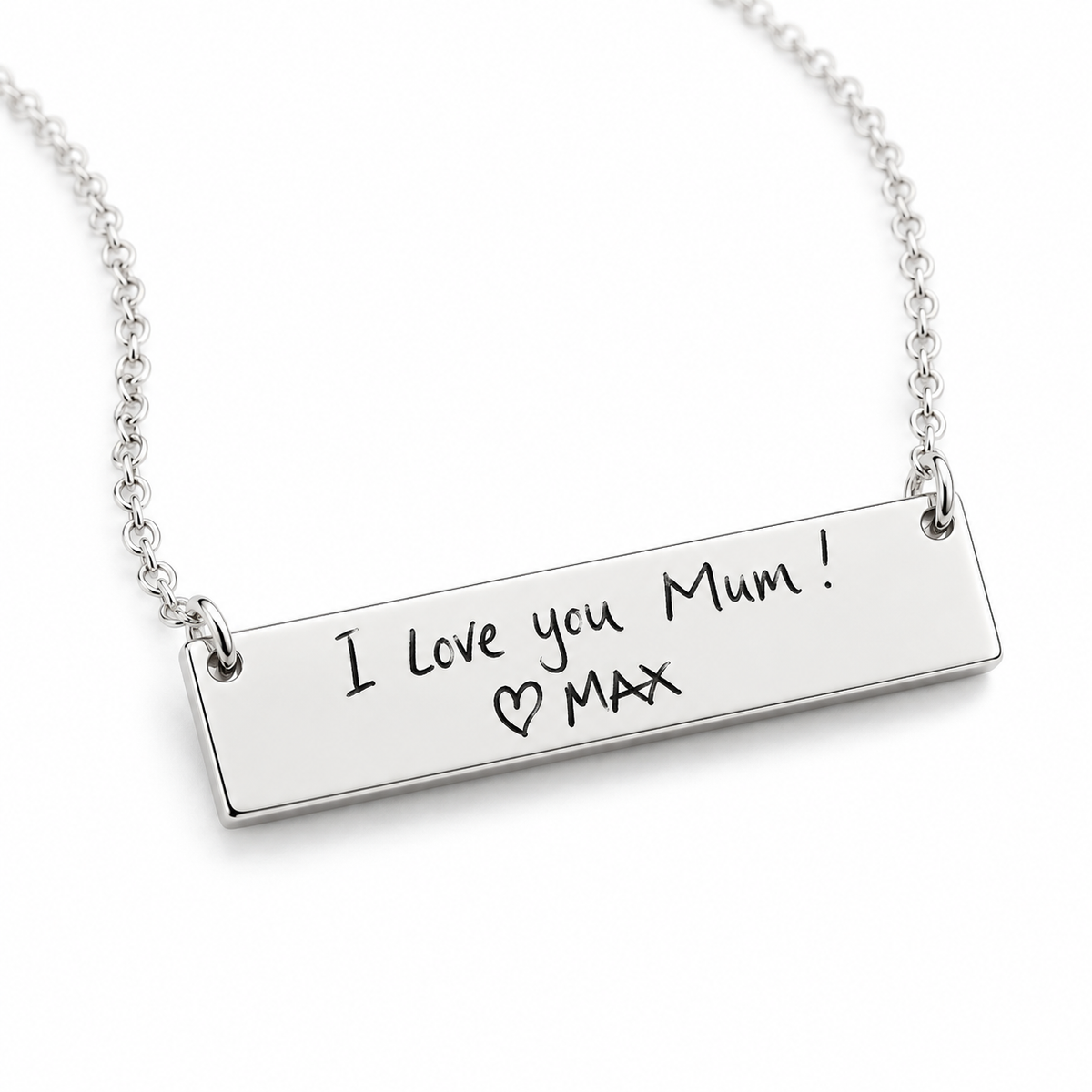 Silver bar necklace engraved in handwriting I love you Mum with a heart and Max