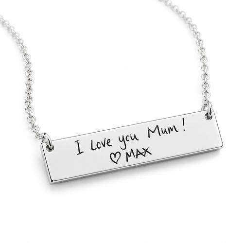 Silver bar necklace engraved in handwriting I love you Mum with a heart and Max