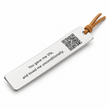 Silver metal bookmark with tan cord, engraved QR code and a short message