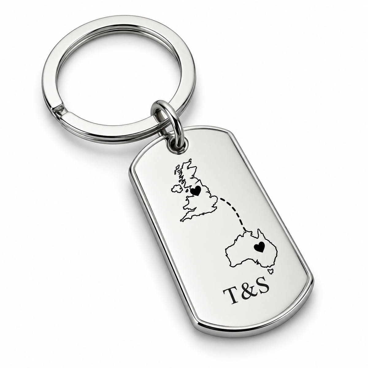 Personalised country map keychain in polished silver, engraved with two country outlines and initials