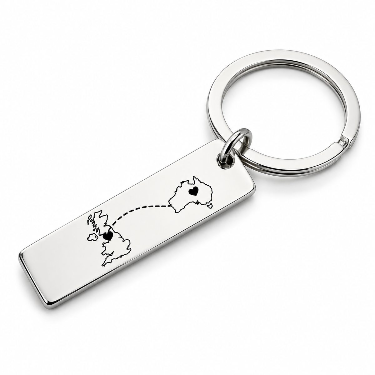 Silver bar keychain engraved with UK and Australia outlines joined by a dotted line
