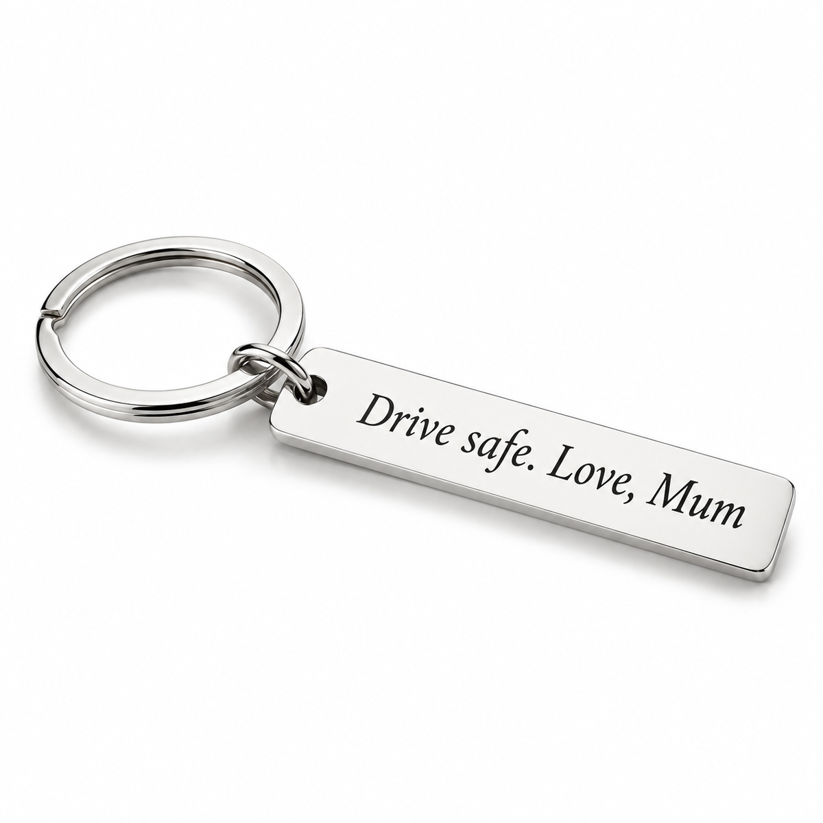 Personalised engraved bar keychain in polished silver with a custom message