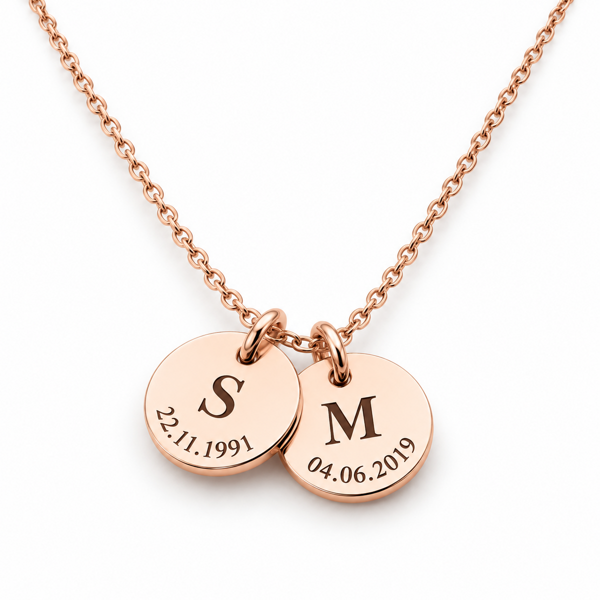 Personalised rose gold initial and date disc necklace