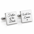 Personalised square cufflinks in polished silver engraved with Father of the Bride