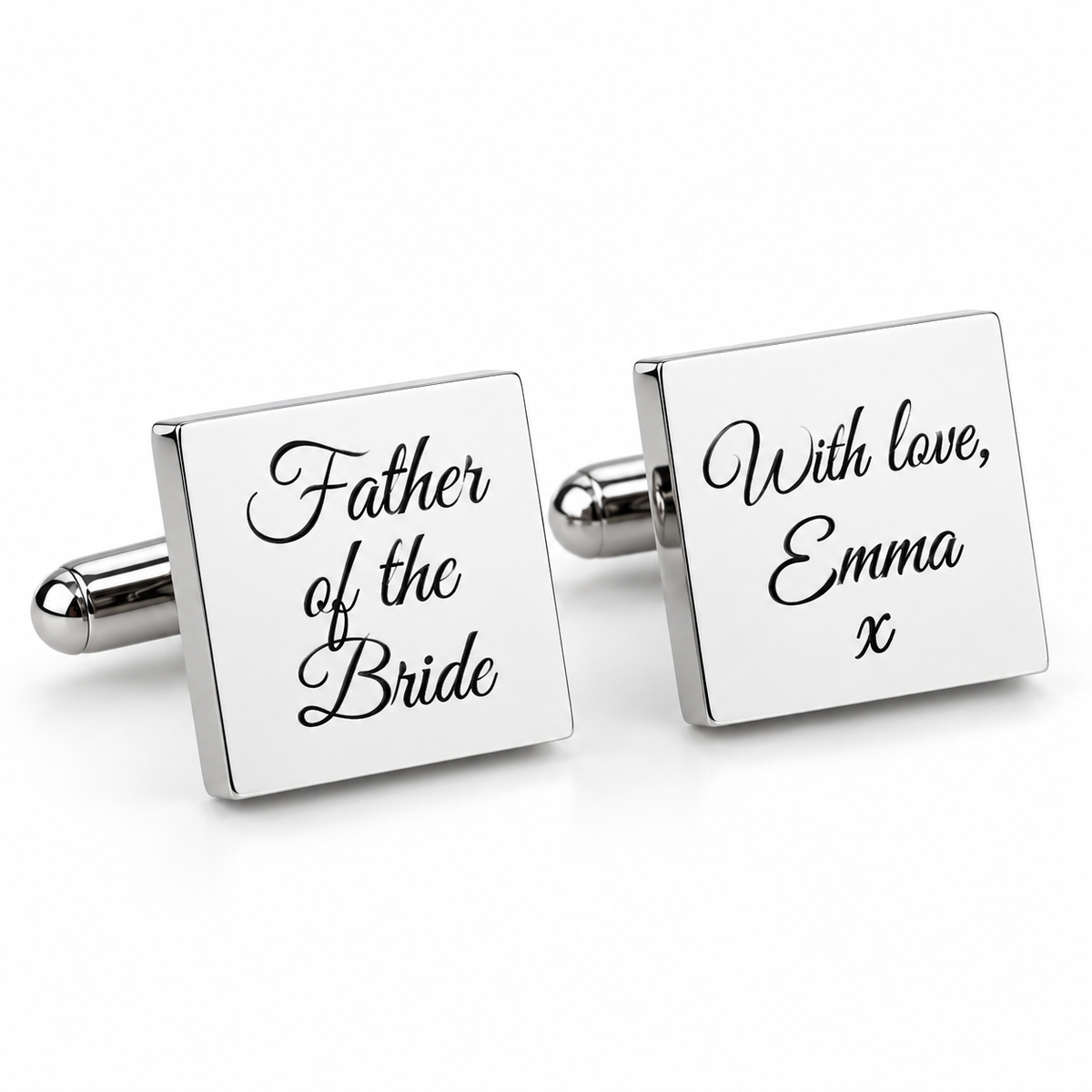 Personalised square cufflinks in polished silver engraved with Father of the Bride