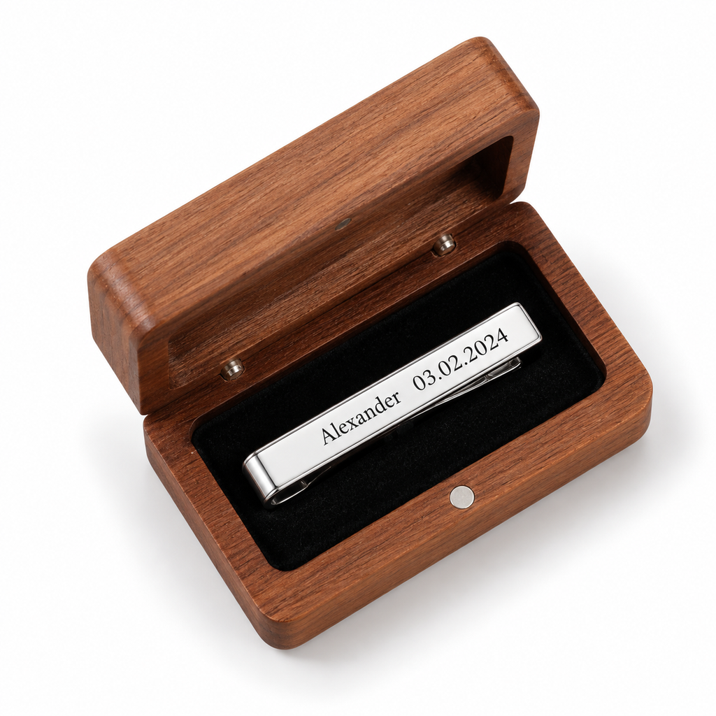 Personalised silver tie clip in walnut gift box - studio-main