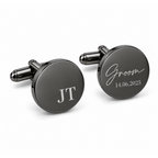 Personalised black gunmetal round wedding cufflinks engraved with initials and date