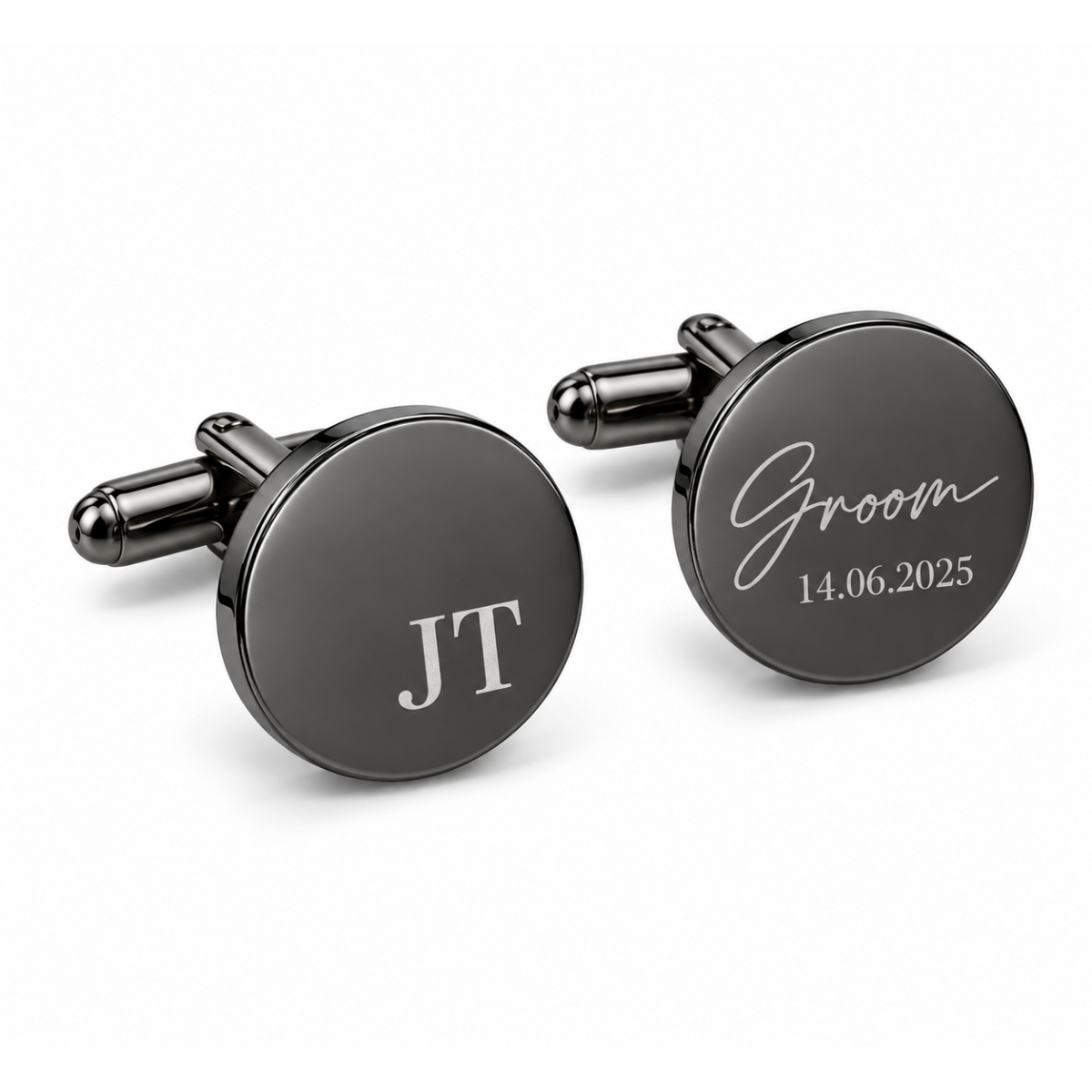 Personalised black gunmetal round wedding cufflinks engraved with initials and date