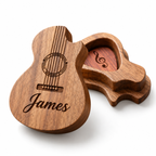 Personalised walnut guitar-shaped pick box engraved with a name, with engraved rosewood pick