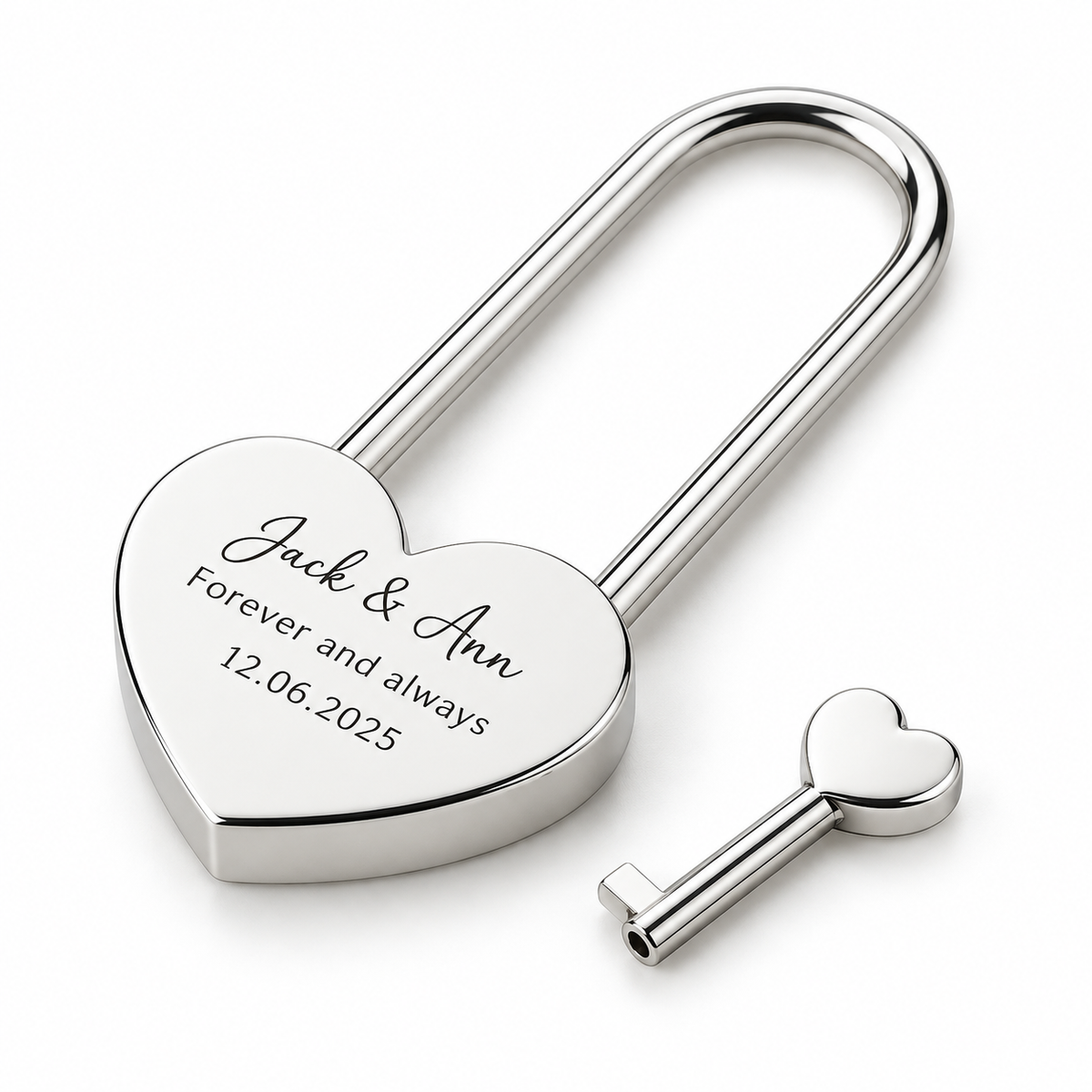 Personalised engraved heart love lock with key in polished silver - studio-main