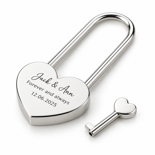 Personalised engraved heart love lock with key in polished silver - studio-main