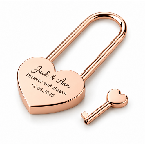 Personalised rose gold engraved heart love lock with key
