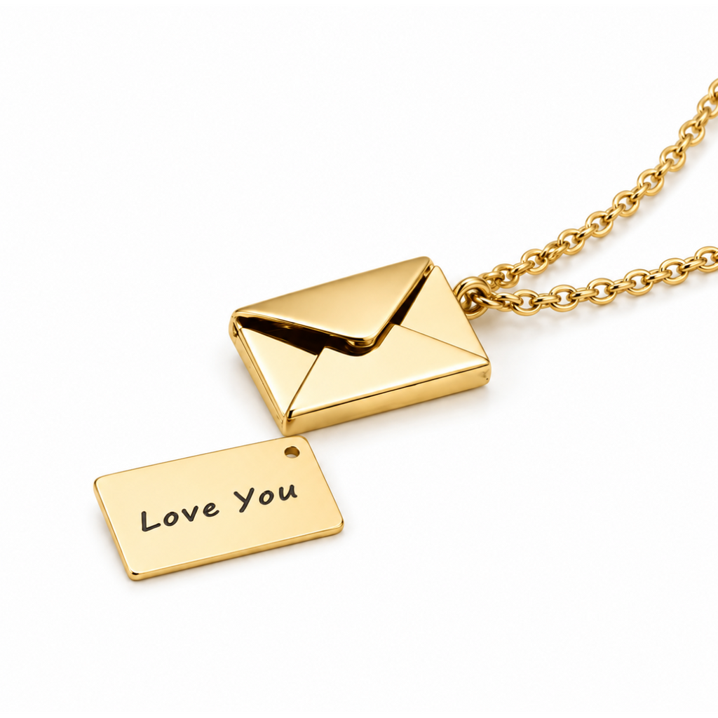 Envelope necklace with secret message in gold