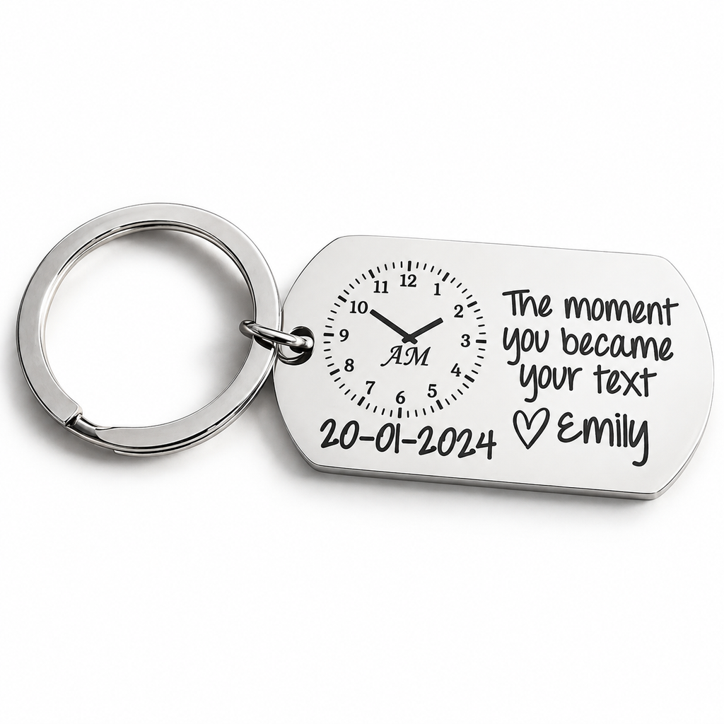 Personalised silver dog-tag keyring engraved with a custom message