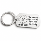 Personalised silver dog-tag keyring engraved with a custom message