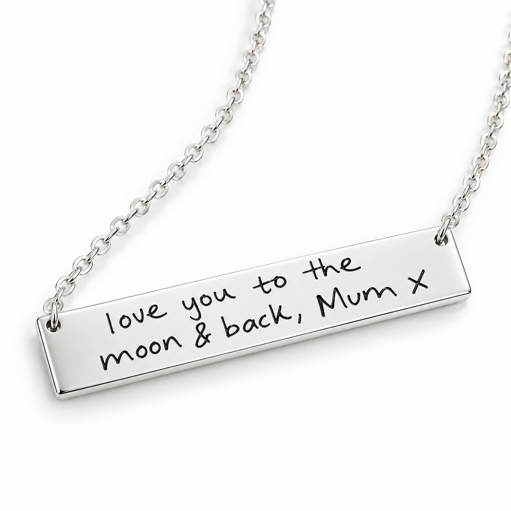 Handwriting bar necklace in polished silver engraved with real handwriting