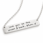 Handwriting bar necklace in polished silver engraved with real handwriting