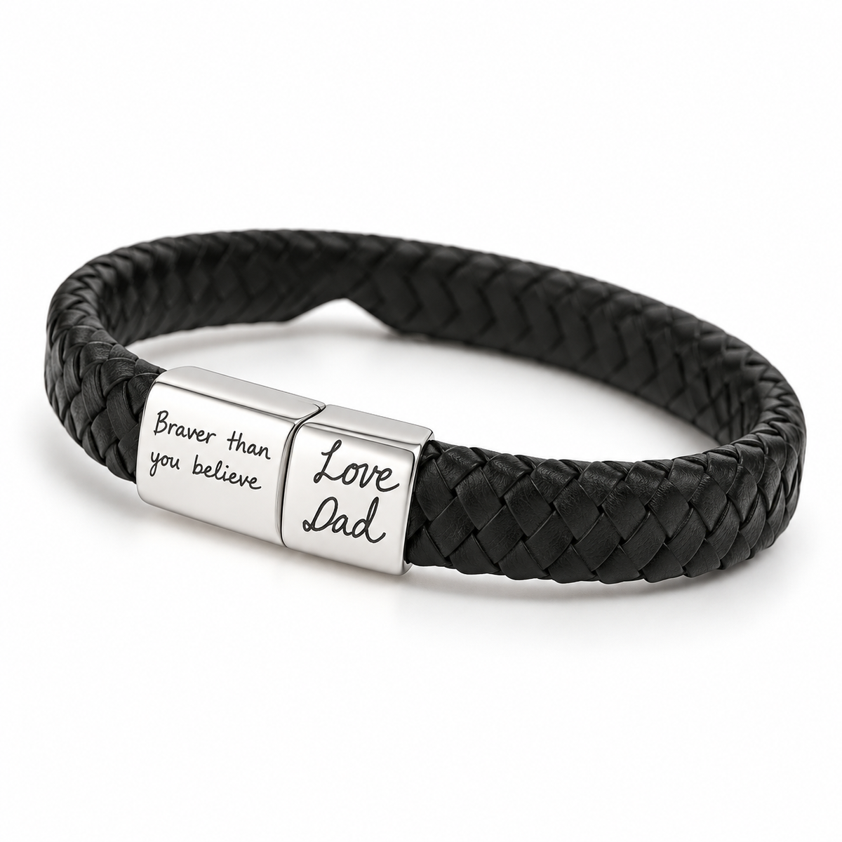 Men's black braided leather bracelet with silver clasp engraved in real handwriting