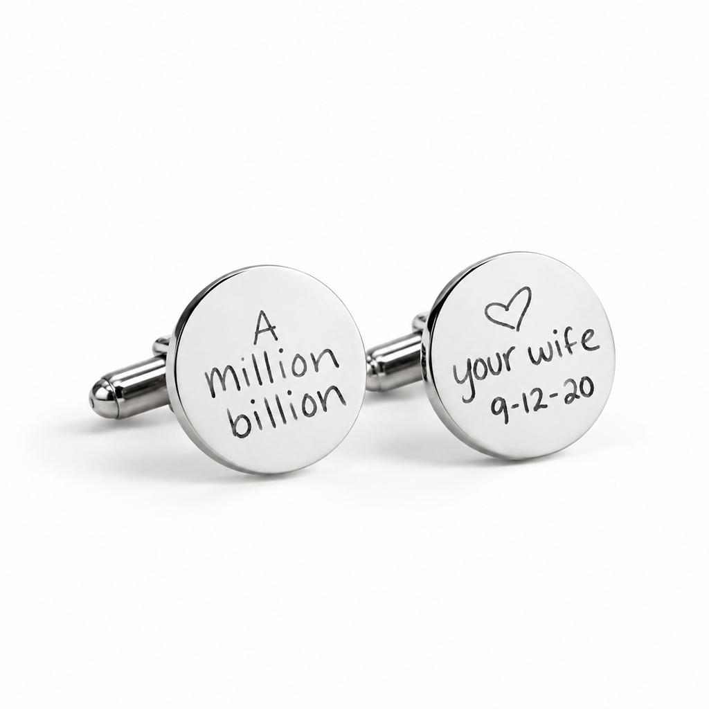 Silver round handwriting cufflinks with engraved handwritten message