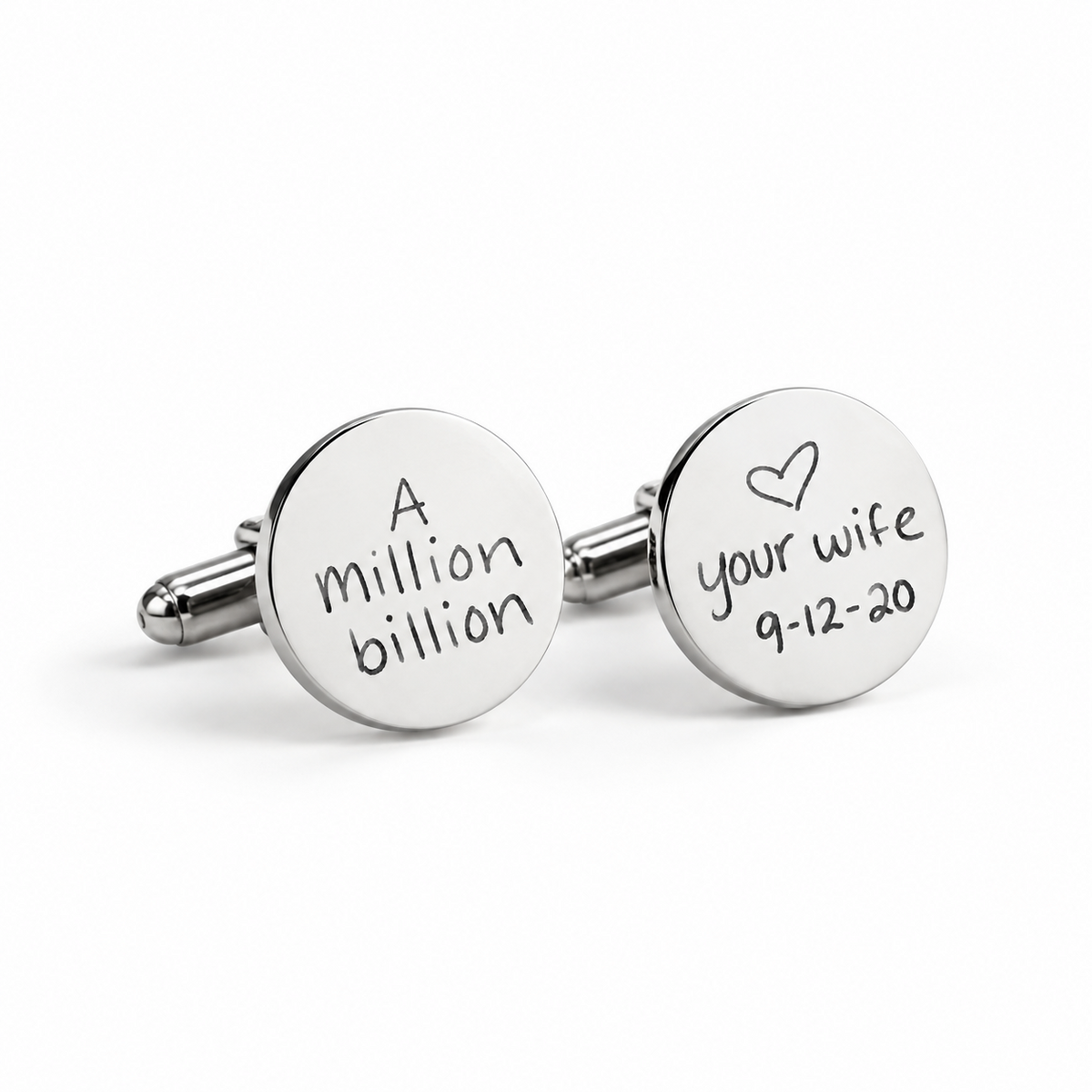 Silver round handwriting cufflinks with engraved handwritten message