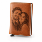 Photo engraved tan leather pop-up card wallet with a portrait engraving