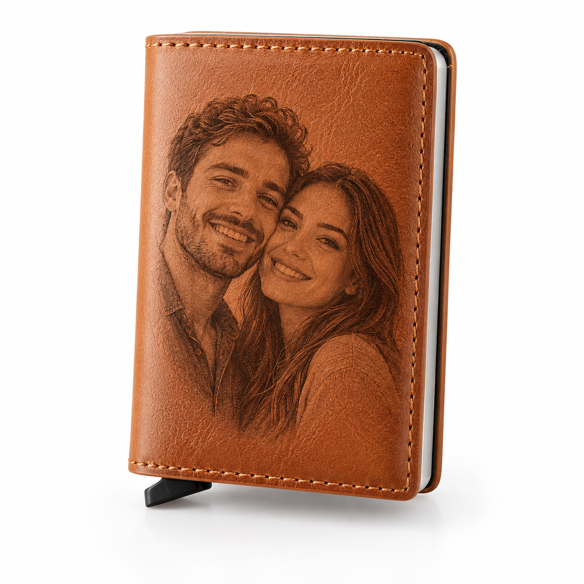 Photo engraved tan leather pop-up card wallet with a portrait engraving