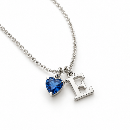 Silver initial necklace with heart birthstone charm