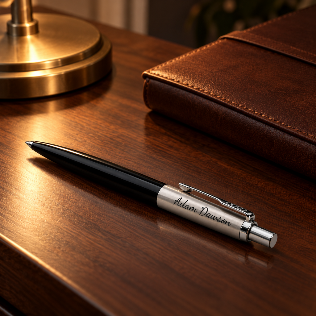 Personalised Parker Jotter Black pen engraved Adam Dawson on a walnut desk