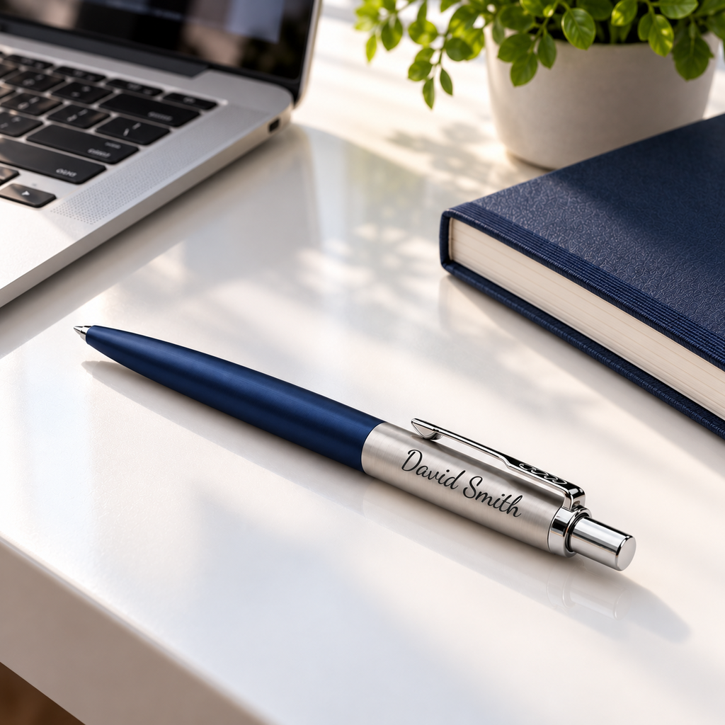 Personalised Parker Jotter Royal Blue pen engraved David Smith on a white desk