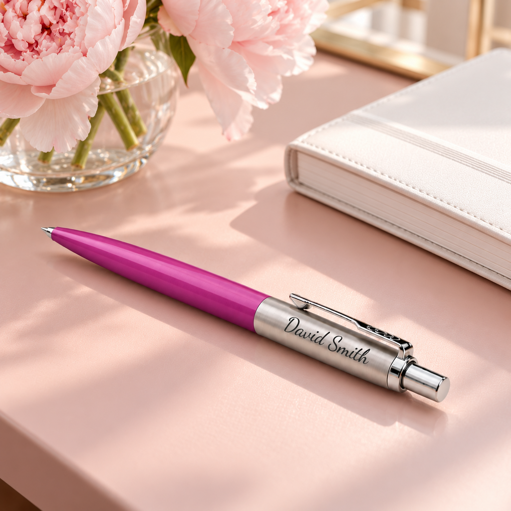 Personalised Parker Jotter Pink pen engraved David Smith with peonies