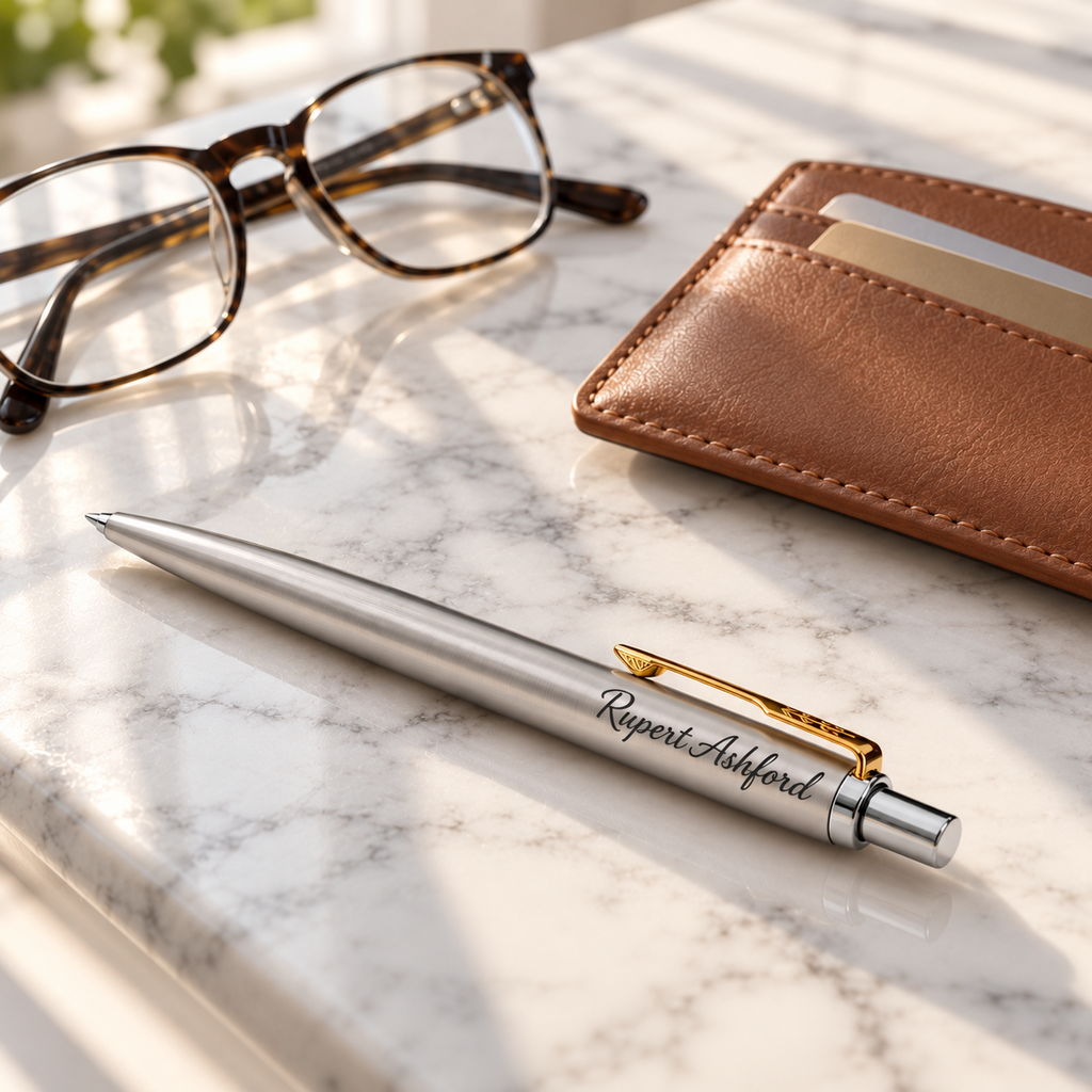 Personalised Parker Jotter steel pen with gold clip engraved Rupert Ashford on marble