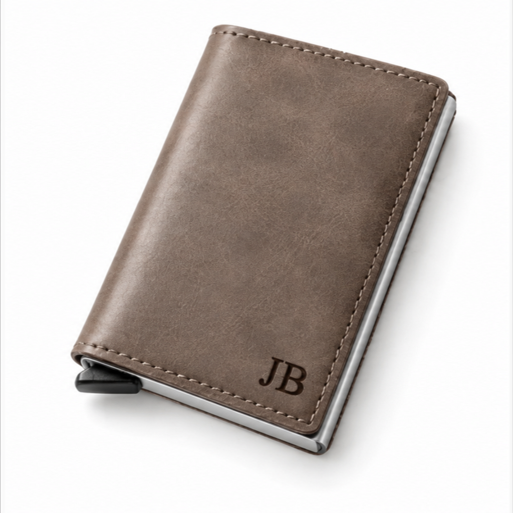 Personalised grey-brown leather pop-up card wallet with initials