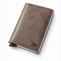 Personalised grey-brown leather pop-up card wallet with initials