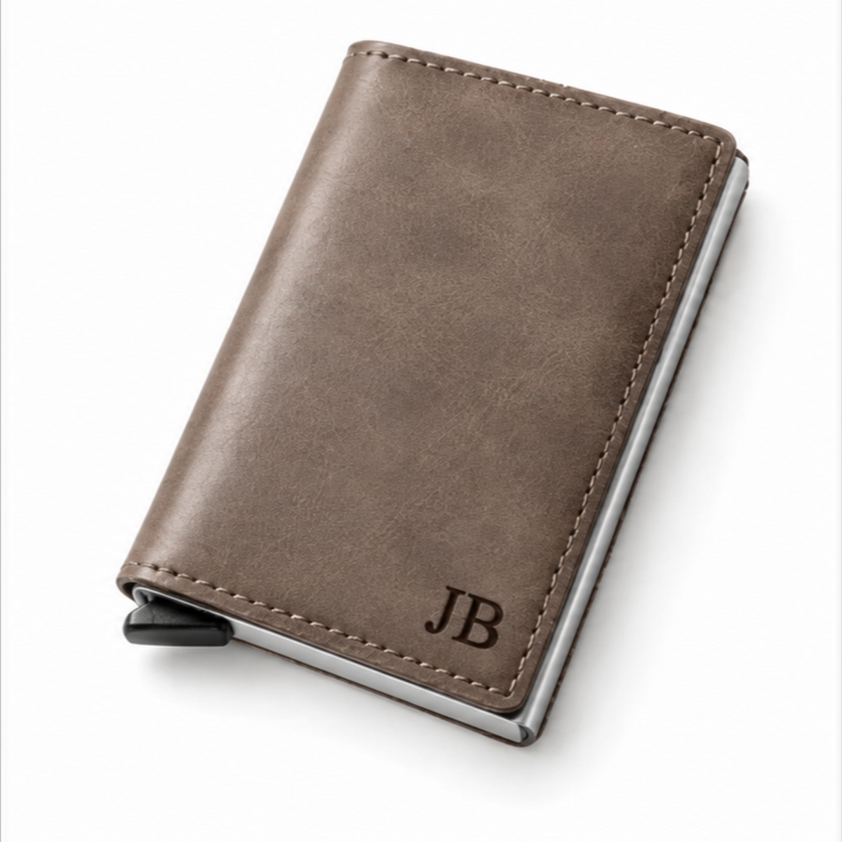 Personalised grey-brown leather pop-up card wallet with initials